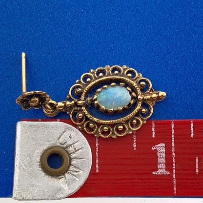 Art Deco 14K Yellow Gold Opal Bead Scroll Floral Open Work Drop Dangle Earrings