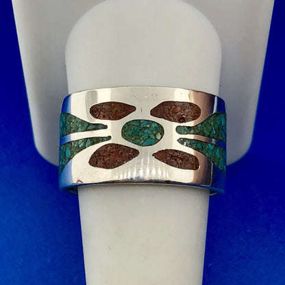 Men's Sterling Silver 925 Turquoise Red Coral Spiderweb Inlay Wide Band Ring