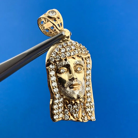 Designer CAL 10K Yellow Gold Cubic Zirconia Christ Jesus Head Statement Pendant
