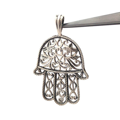 925 Sterling Silver Open Floral Scroll Hamsa Hand Of Fatima Pendant