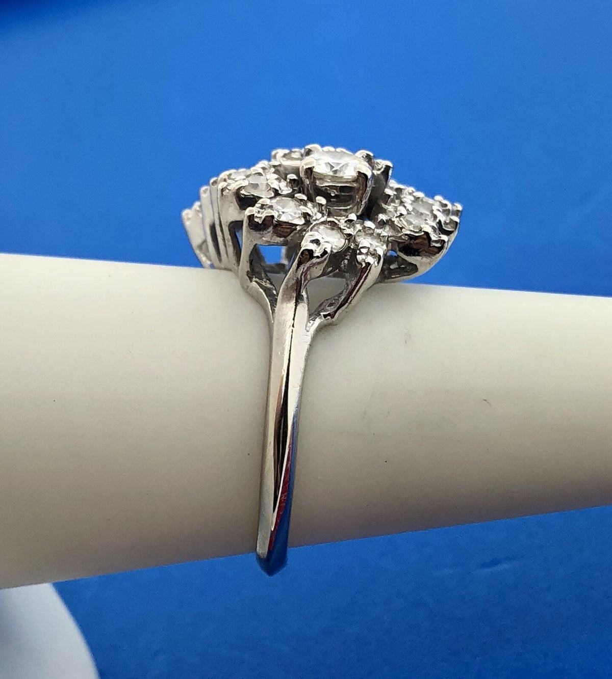 Art Deco 14K White Gold Diamond Free Form Heart Cluster Engagement Cocktail Ring