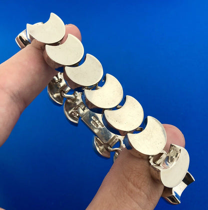 Retro Mexico 925 Sterling Silver Modernist Moon Link Statement Panel Bracelet