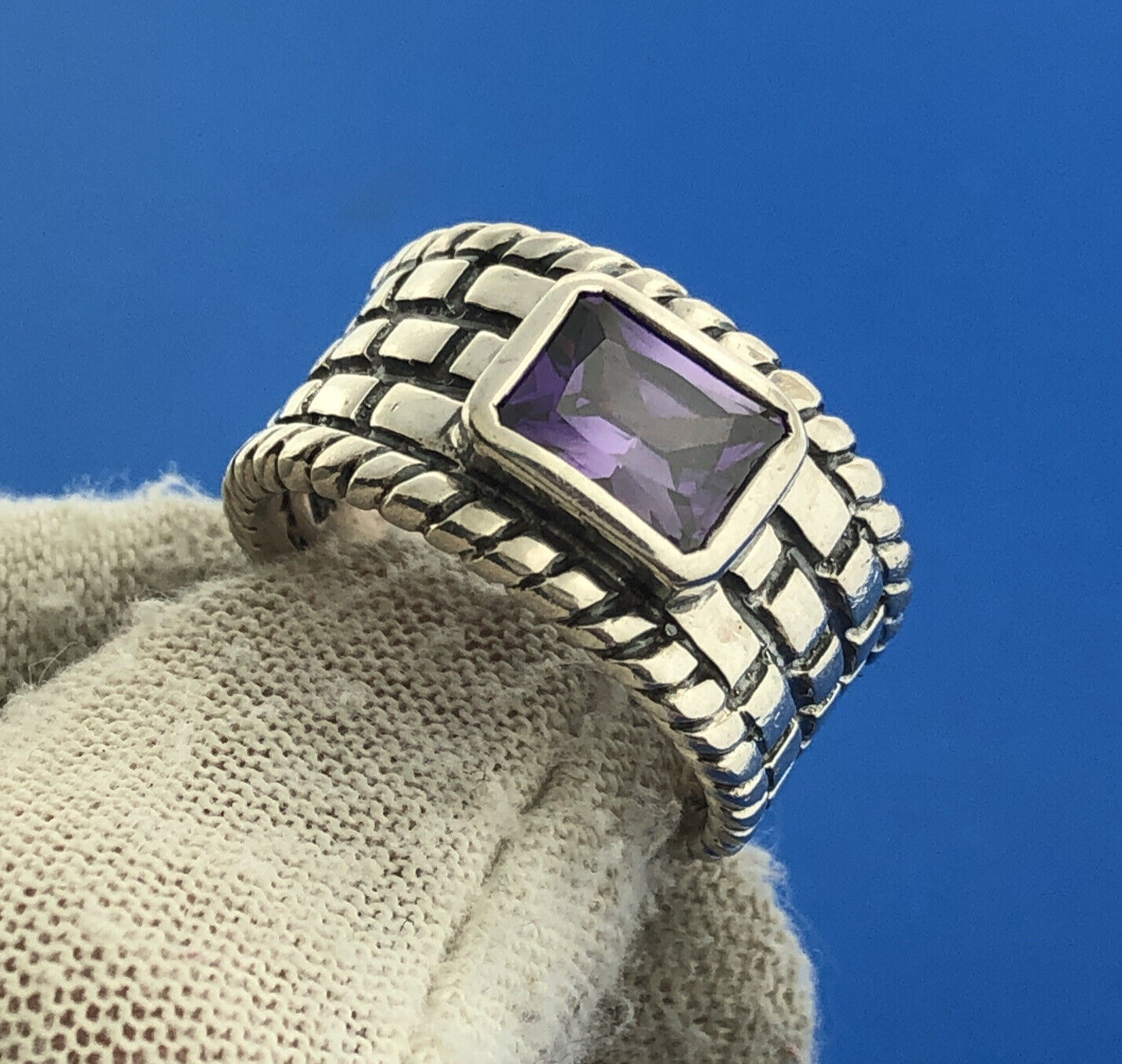 Stunning Sterling Silver 925 Faceted Amethyst Brick Cigar Band Ring Size 8