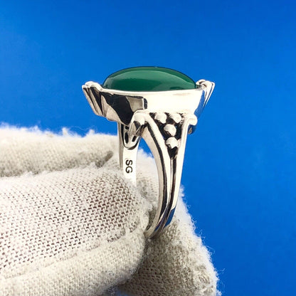 Designer SG Sterling Silver 925 African Green Onyx Cabochon Cocktail Ring