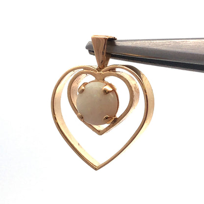 Designer 14K Yellow Gold Round Opal Open Work Double Heart Pendant