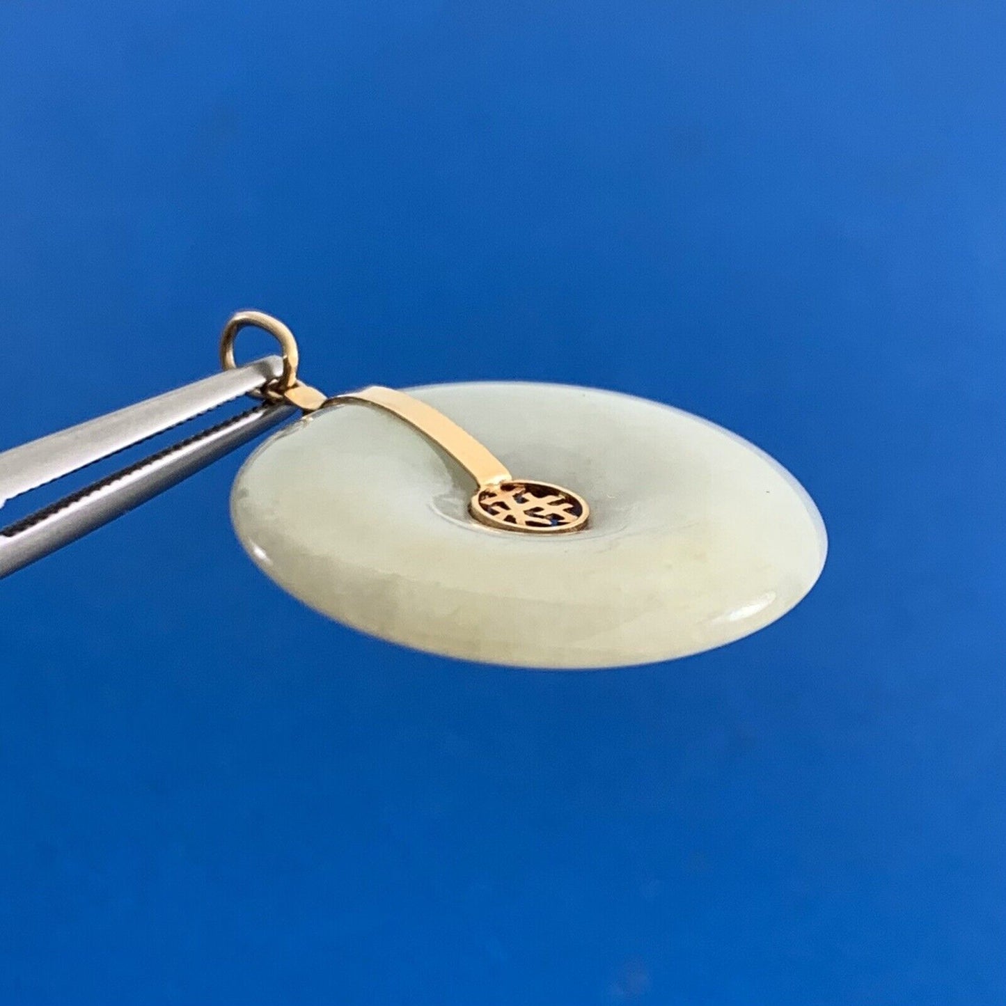 Designer 14K Yellow Gold Jade Chinese Symbol Longevity Good Luck Disc Pendant