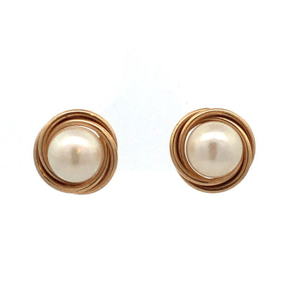 Vintage 14K Yellow Gold Pearl Modernist Bird Nest Stud Earrings