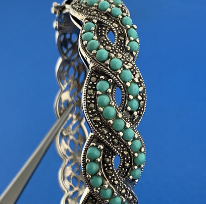 Sterling Silver 925 Turquoise Marcasite Dual Spiral 7" Hinged Cuff Bracelet
