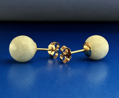 Designer 14K Yellow Gold Jade Jadeite Bead Ball Stud Earrings