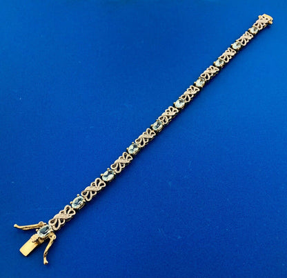 Gold Vermeil Sterling Silver 925 Blue Topaz Diamond 7.5" Tennis Bracelet