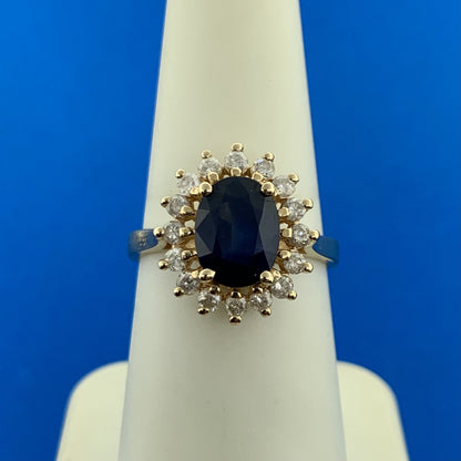 Designer 14K Yellow Gold Sapphire Diamond Halo September Anniversary Ring
