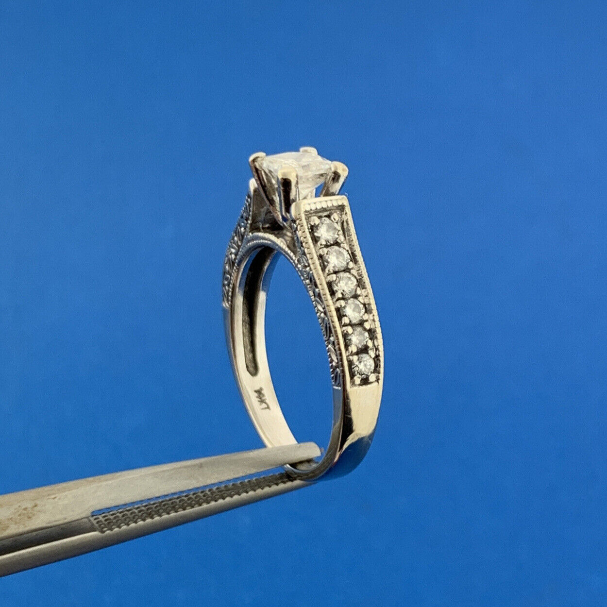 Designer 14K White Gold Princess Diamond Solitaire Accented Engagement Ring