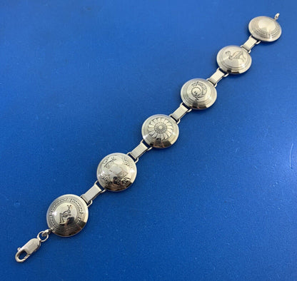 Vintage TSM 925 Sterling Silver Ethnic Animals Native Round Panel Bracelet