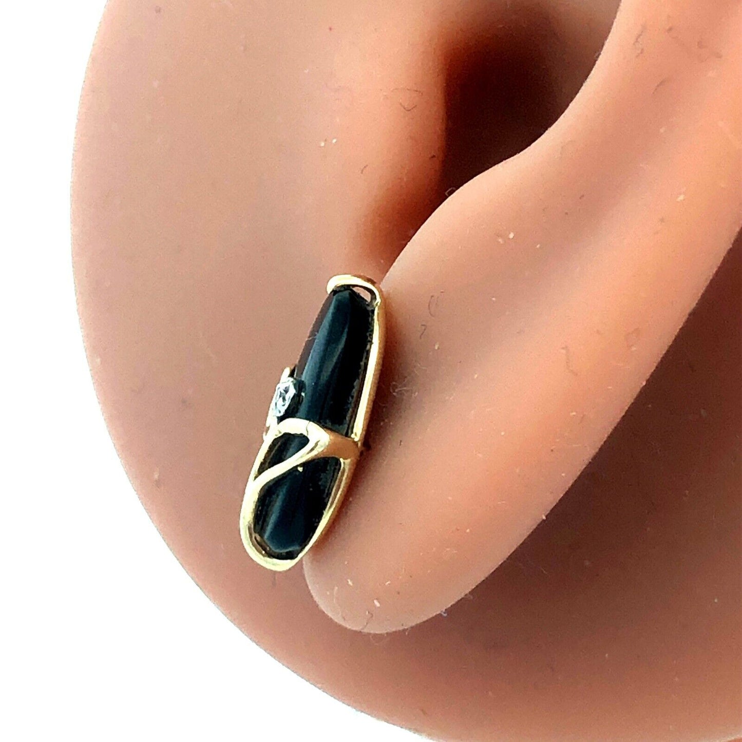 10K Yellow Gold Vintage Oval Black Onyx White Topaz Flower Stud Earrings