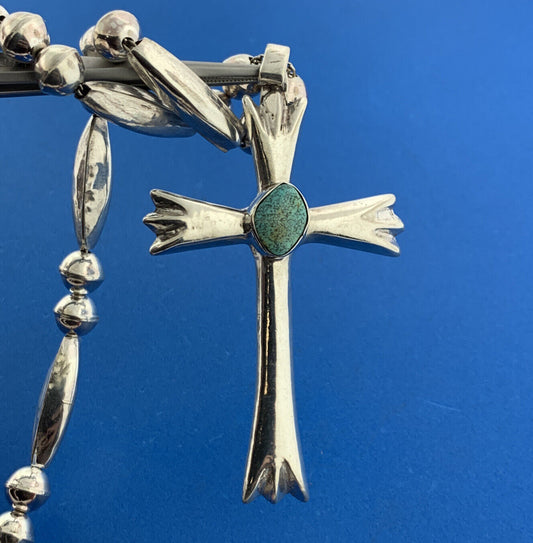 Vintage Native American 925 Sterling Silver Turquoise Statement Cross Necklace