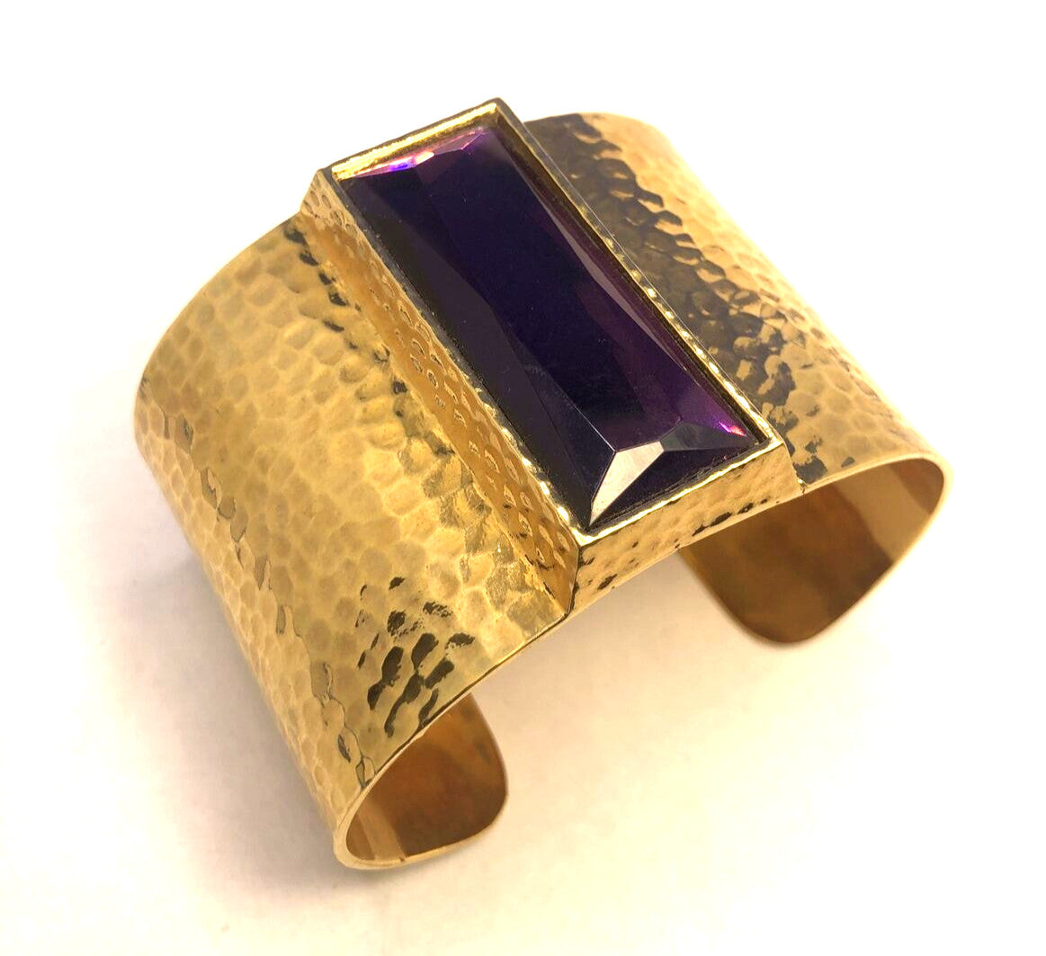 IMAN CN Gold Tone Hammered Metal Purple Cubic Zircoina Statement Cuff Bracelet