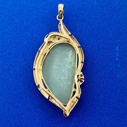 Large Australian Black Opal Pendant Solid 14k Yellow Gold with Diamond Accents