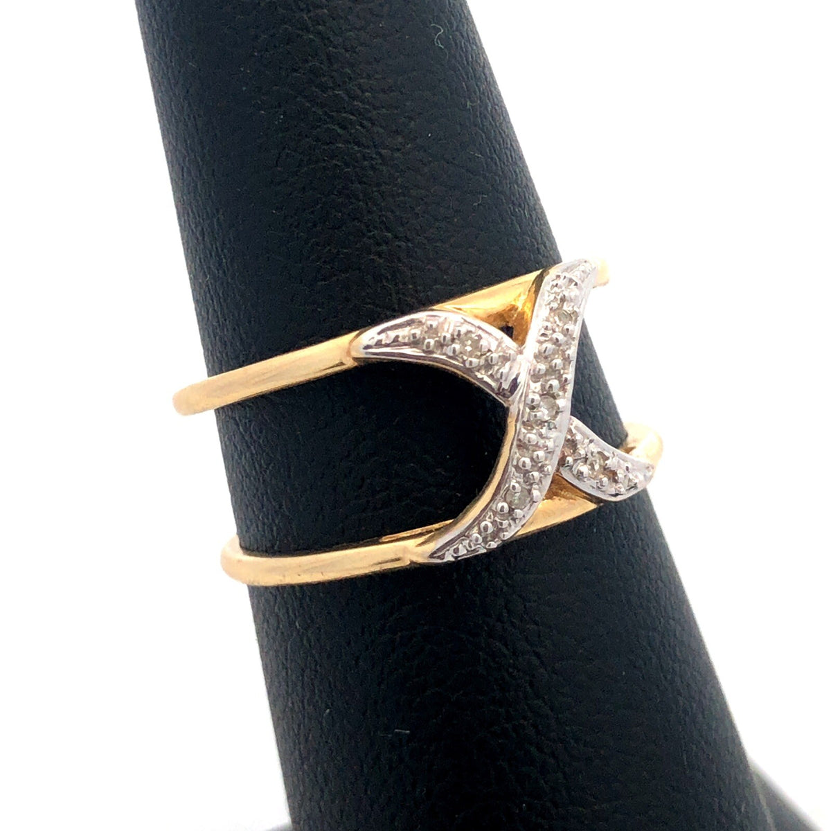 Gorgeous 14k Yellow Gold Round Cut Diamond X Double Band Ring Guard Size 7