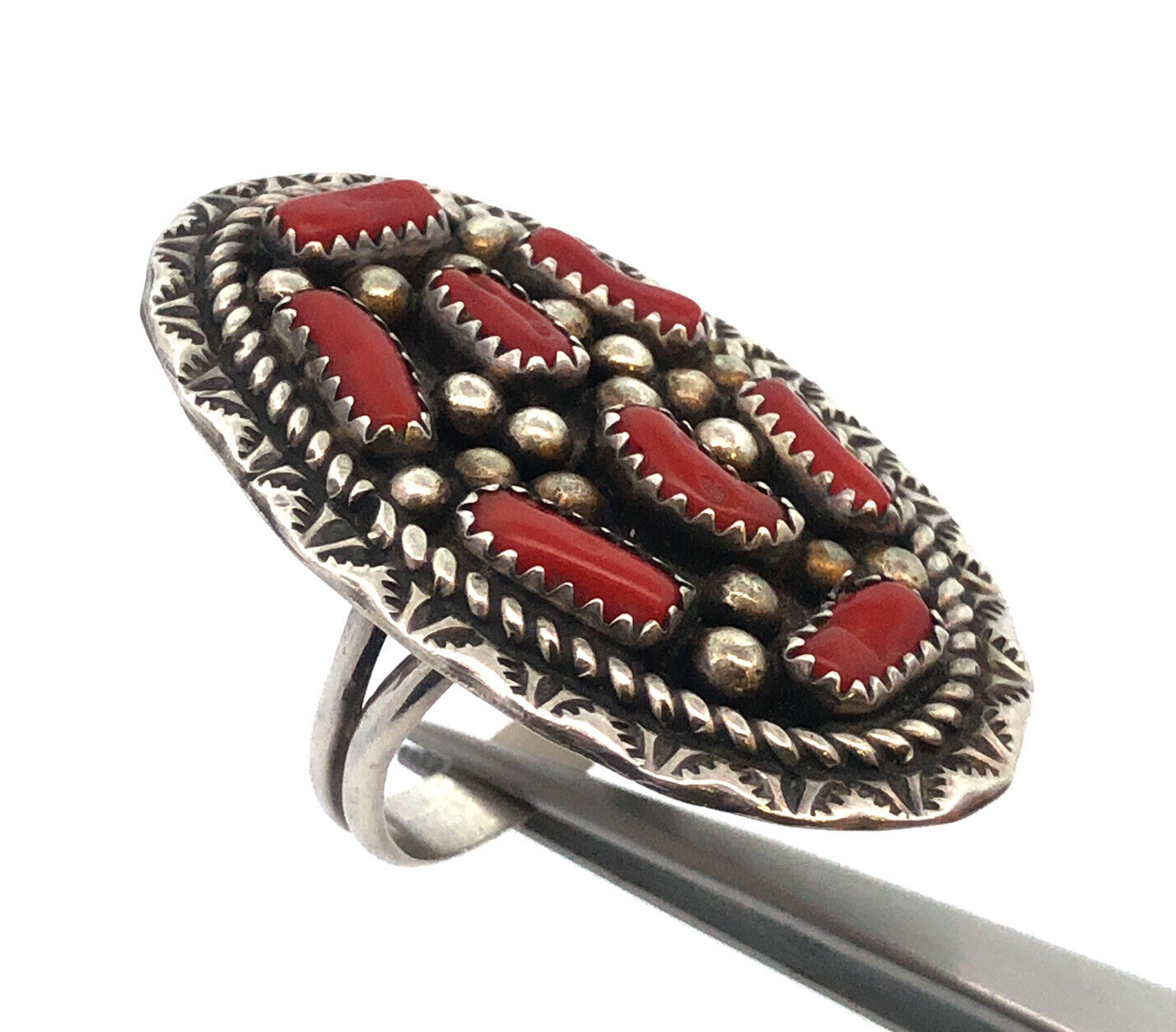 Native American 925 Sterling Silver Red Coral Statement Oval Full Finger Ring