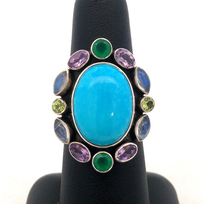 Designer NB India 925 Sterling Silver Oval Turquoise Multi-stone Statement Ring
