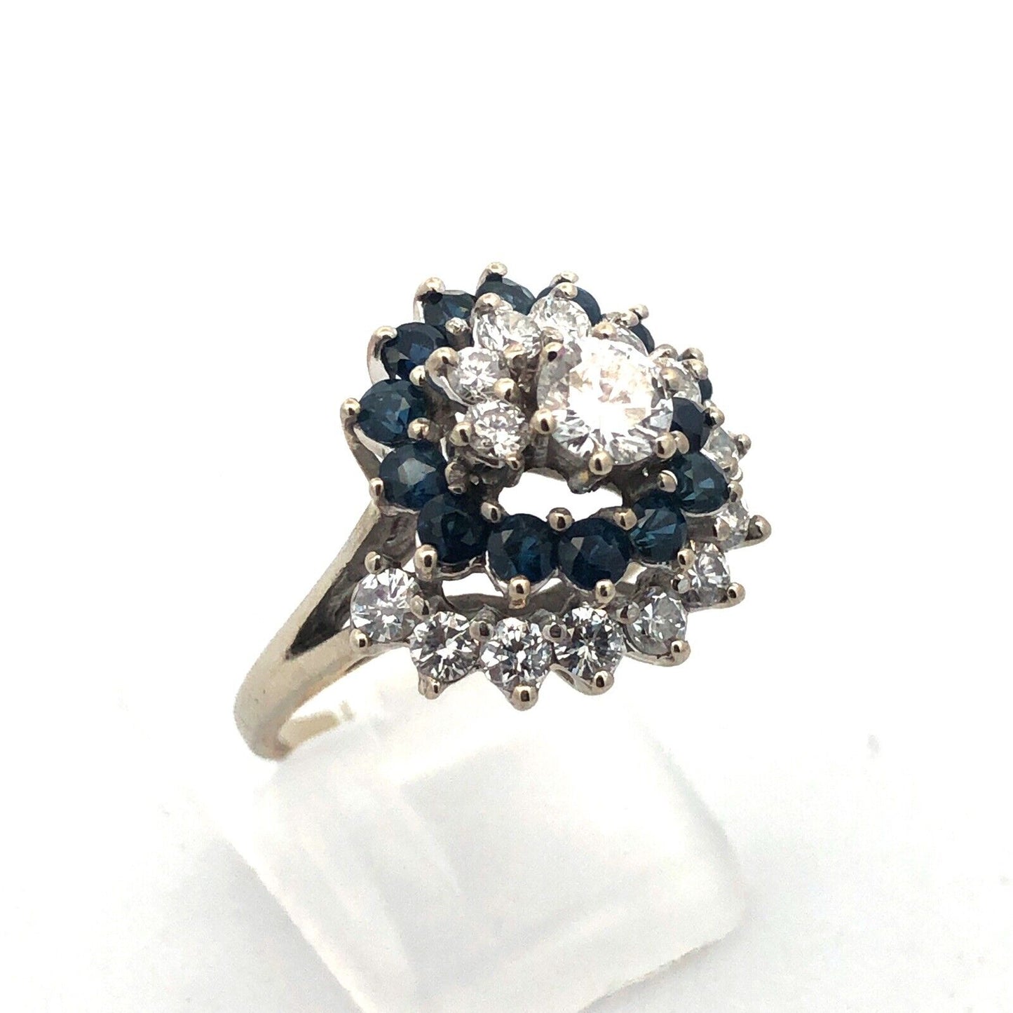 Designer 14K White Gold Diamond Solitaire W/Sapphire Diamond Accents Spiral Ring