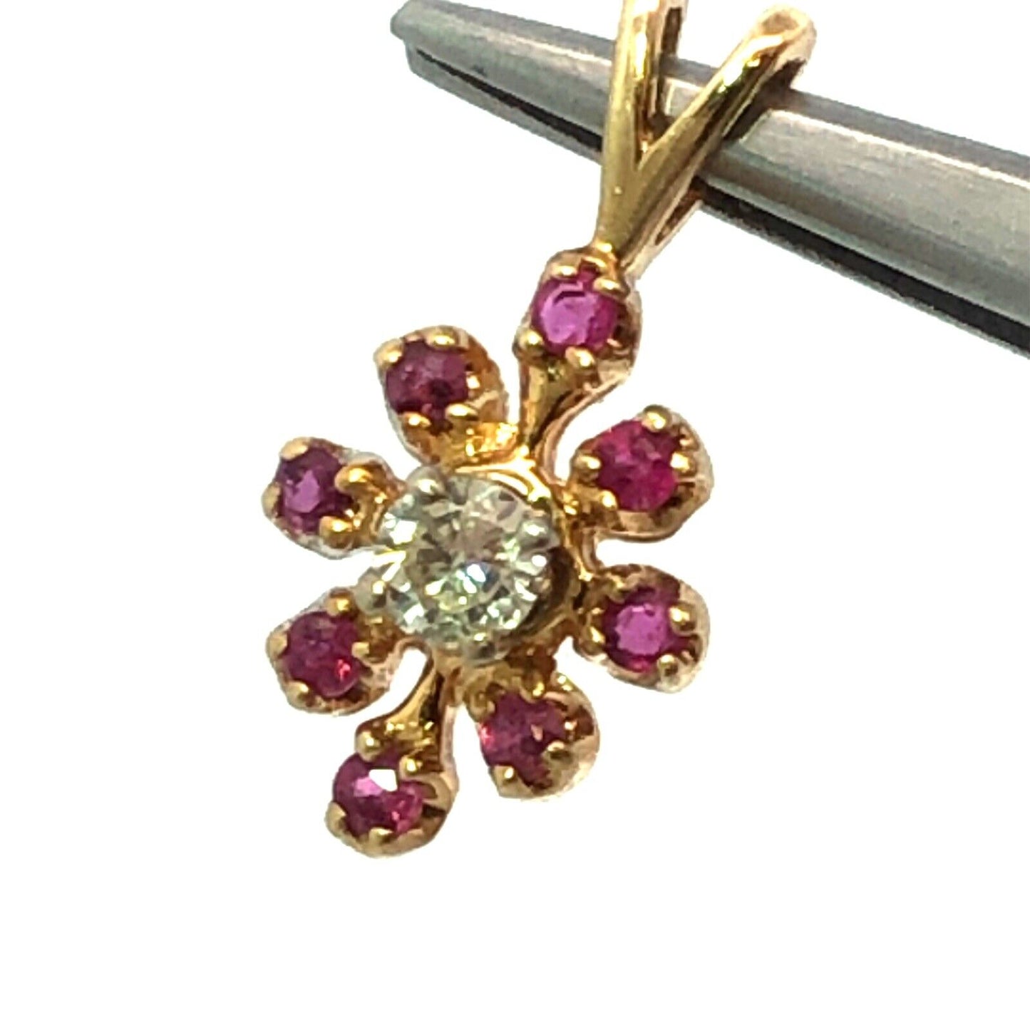 14K Yellow Gold Ruby Diamond Flower Floral Drop Charm Pendant