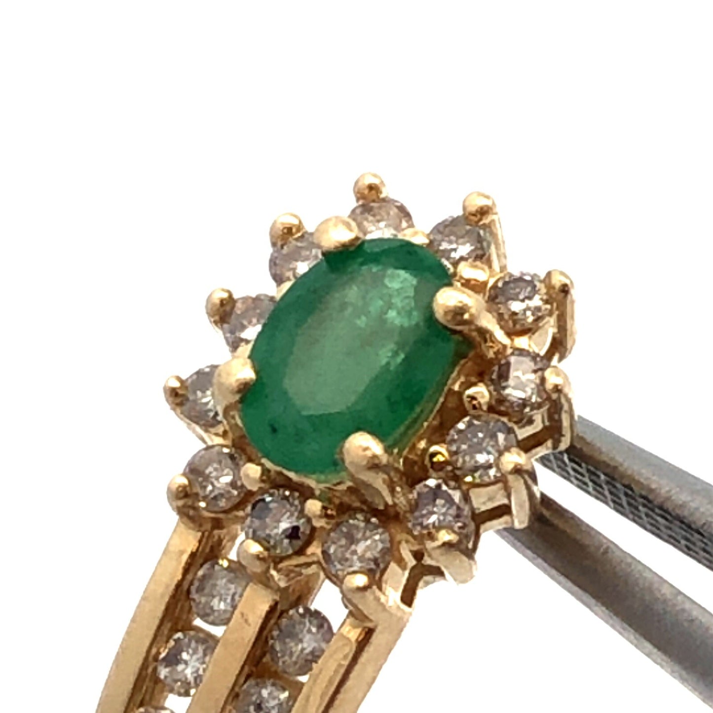 14K Yellow Gold Designer Oval Emerald Diamond Halo Drop Stud Earrings