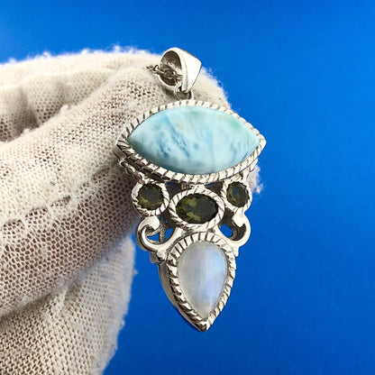 Designer Sterling Silver 925 Blue Agate Peridot Moonstone Drop Pendant Necklace