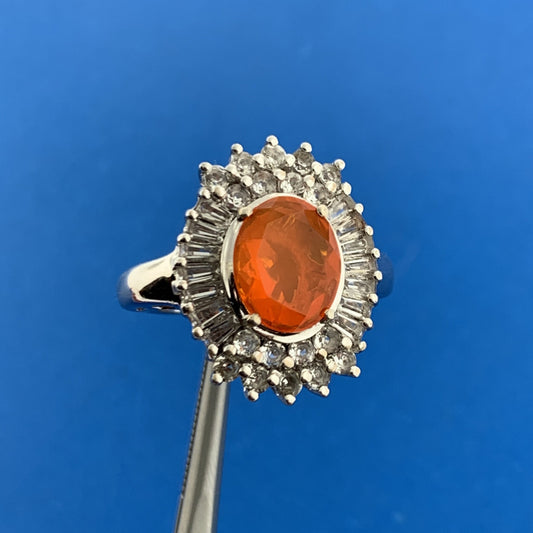 Designer 925 Sterling Silver Fire Opal White Topaz Halo Accented Cocktail Ring