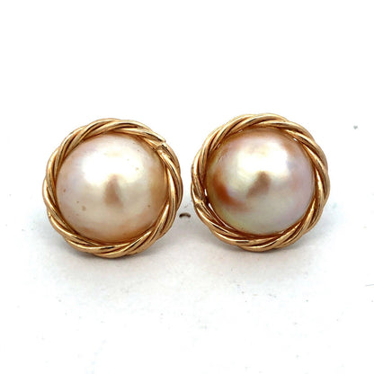 Estate 14K Yellow Gold Round Mabe Pearl Bird's Nest Statement Stud Earrings