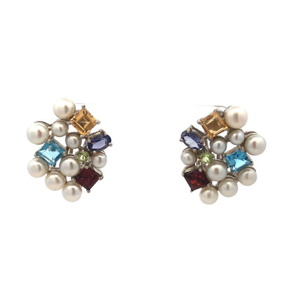 Ross Simons 925 Sterling Silver Pearl Multi Gemstone Cluster Stud Earrings