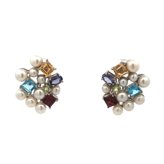 Ross Simons 925 Sterling Silver Pearl Multi Gemstone Cluster Stud Earrings
