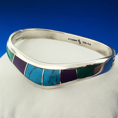 Vintage Taxco Signed 925 Sterling Silver Multi Gem Inlay Hinged Cuff Bracelet