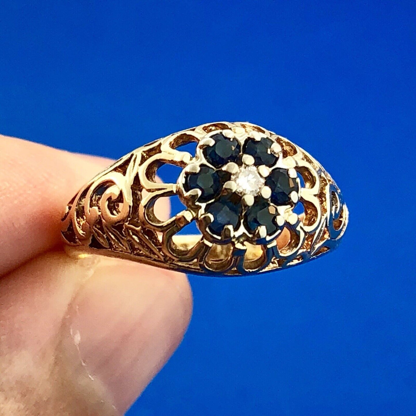 Vintage 10K Yellow Gold Sapphire Diamond Open Work September Cocktail Dome Ring