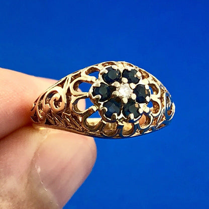 Vintage 10K Yellow Gold Sapphire Diamond Open Work September Cocktail Dome Ring