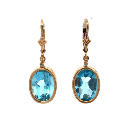 Designer 14K Yellow Gold Oval Blue Topaz Statement Drop Dangle Earrings