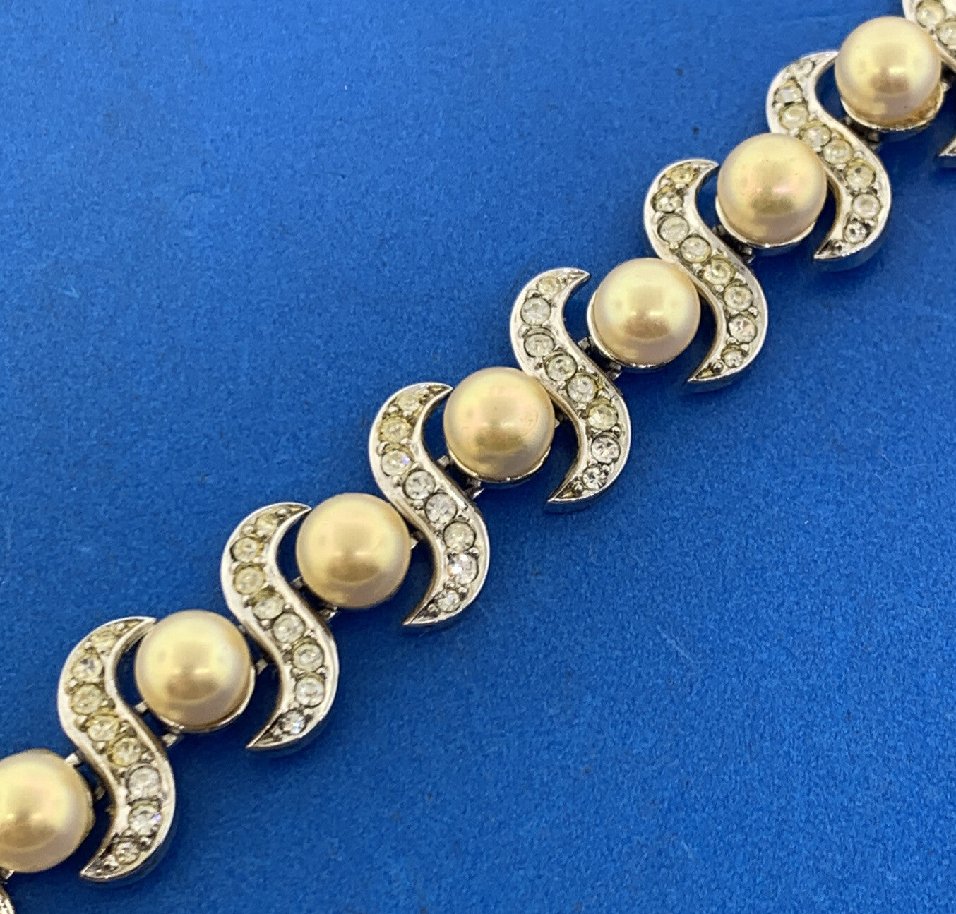 1955 Crown Trifari Silver Tone Faux Pearl & Rhinestone Statement Bracelet