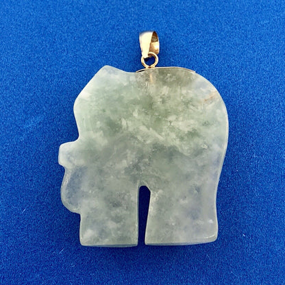 Vintage 14K Yellow Gold Carved Jade Jadeite Elephant Long Life Good Luck Pendant