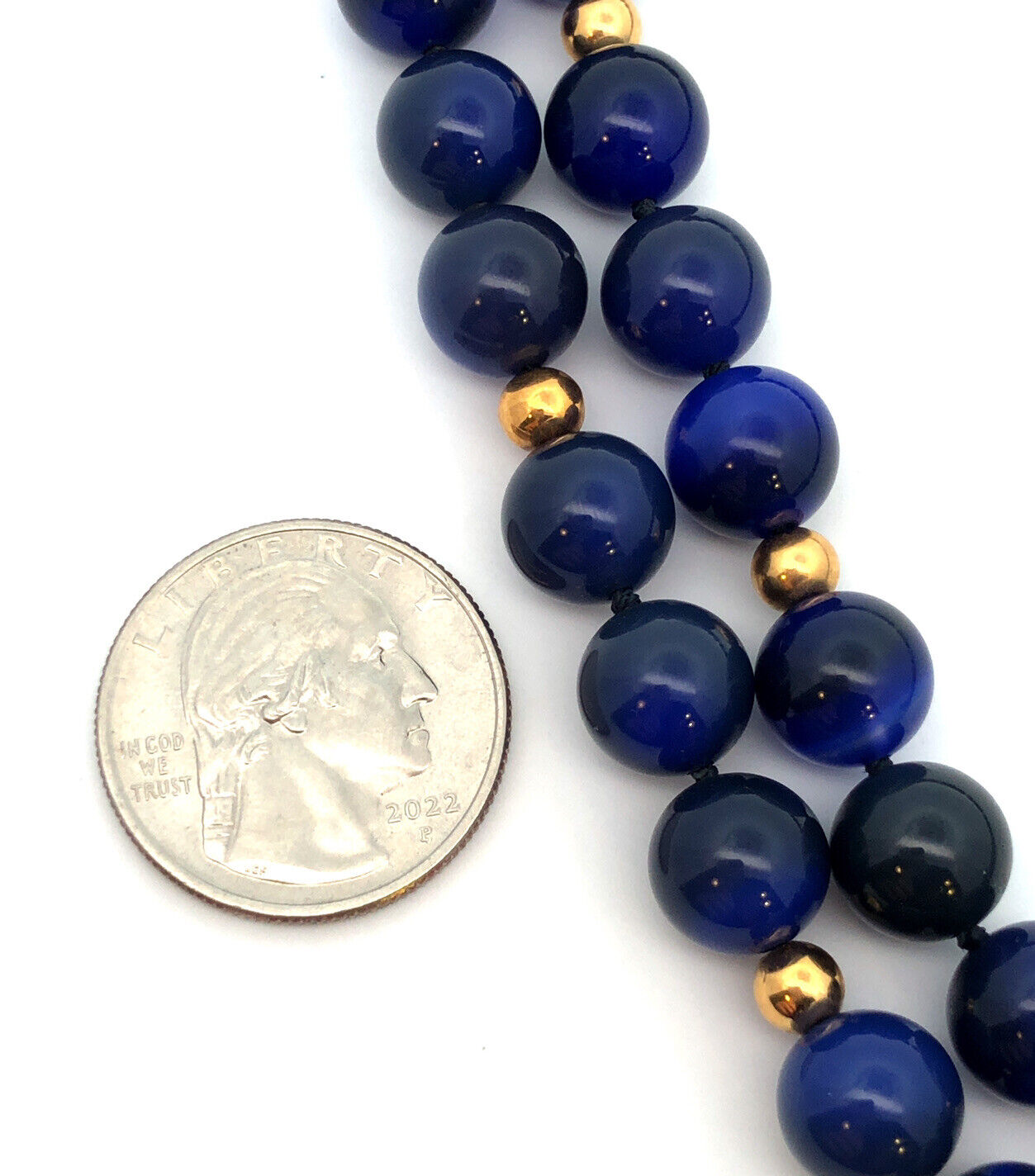 Vintage 14k Yellow Gold And Lapis Lazuli Beaded 38 Inch Statement Necklace