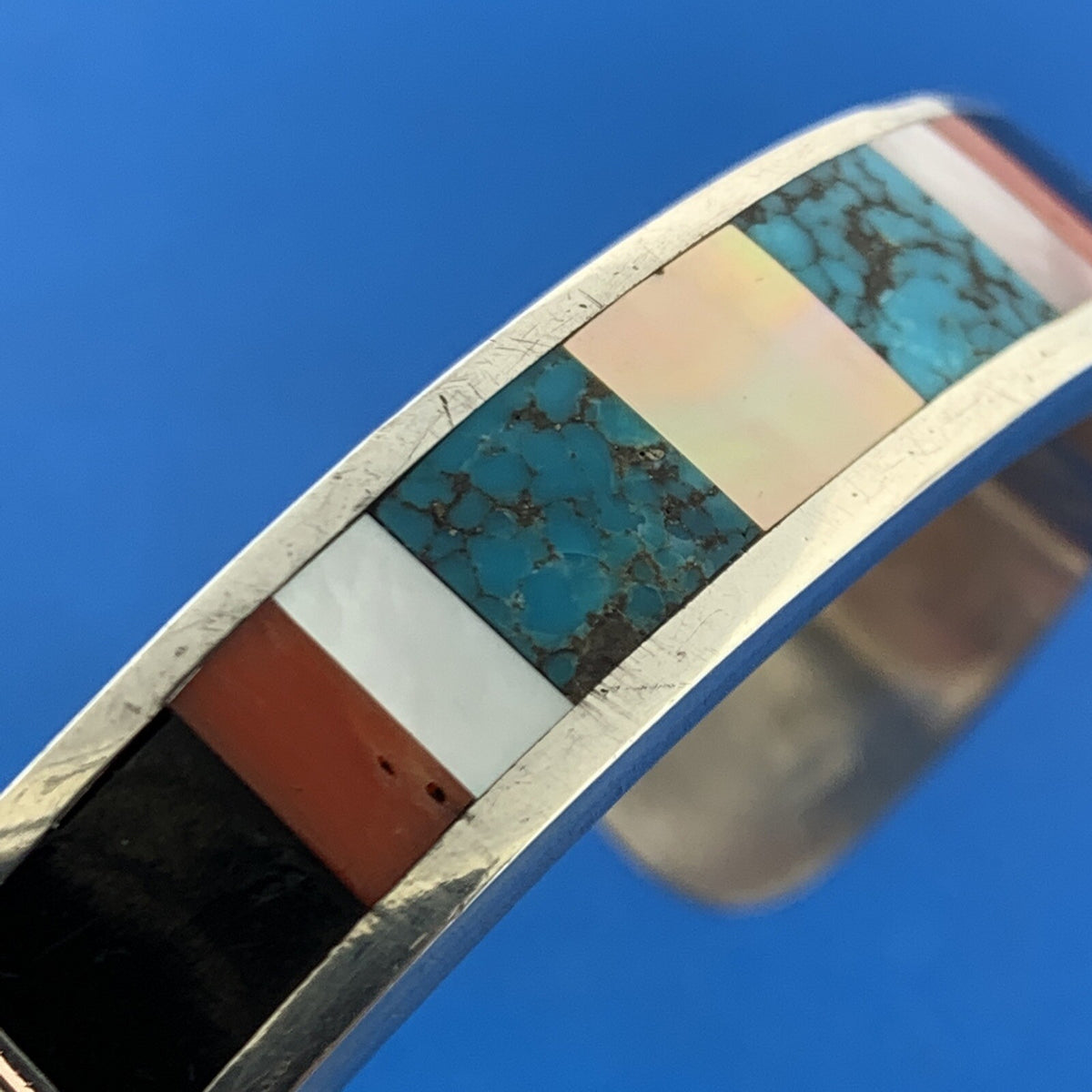 Native American 925 Sterling Silver Storyteller Mixed Gemstone Cuff Bracelet