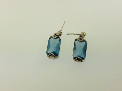 Sterling Silver Rectangle Blue Topaz Bead Scroll Work Statement Drop Earrings