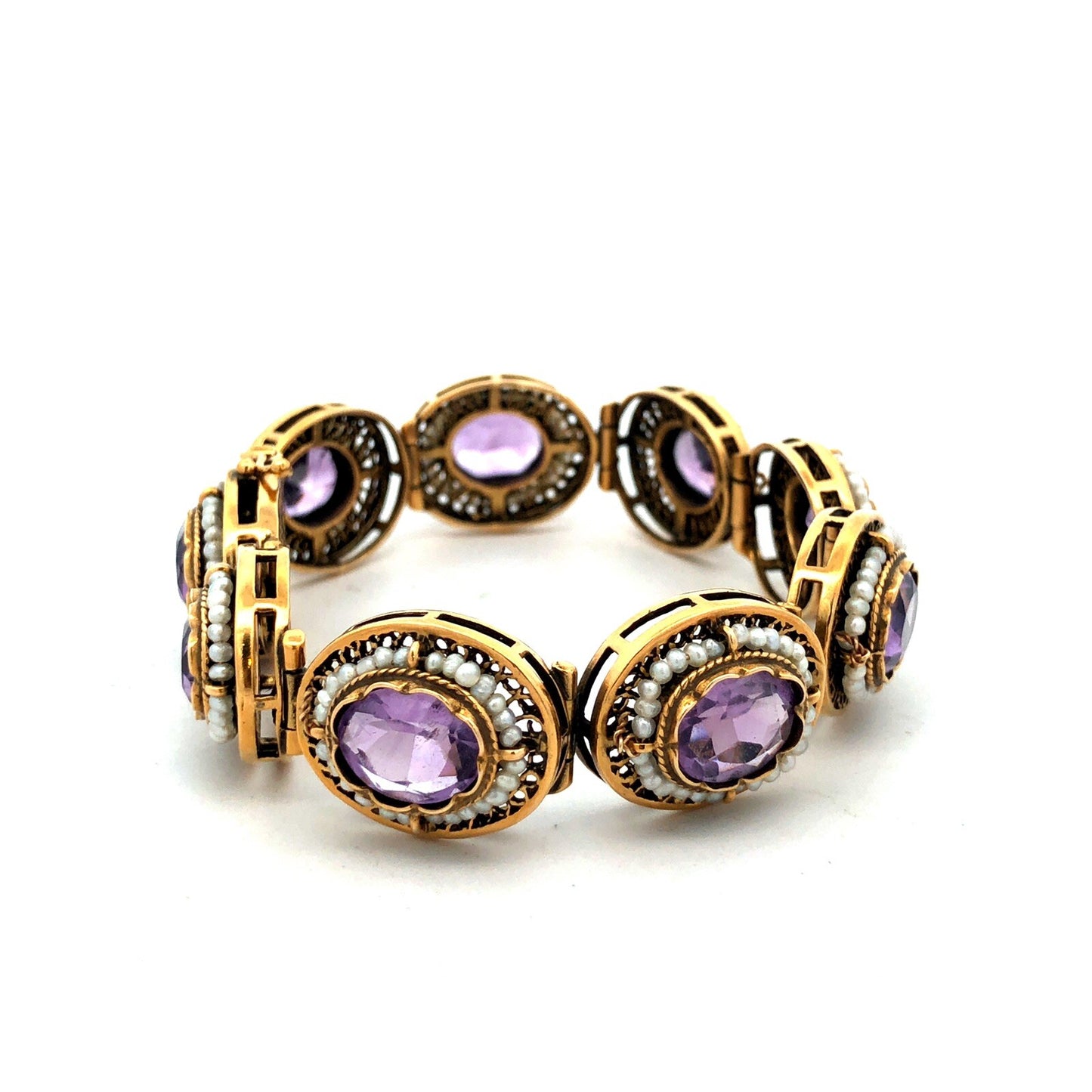 Vintage 14K Yellow Gold Oval Amethyst Seed Pearl Filigree Panel Bracelet