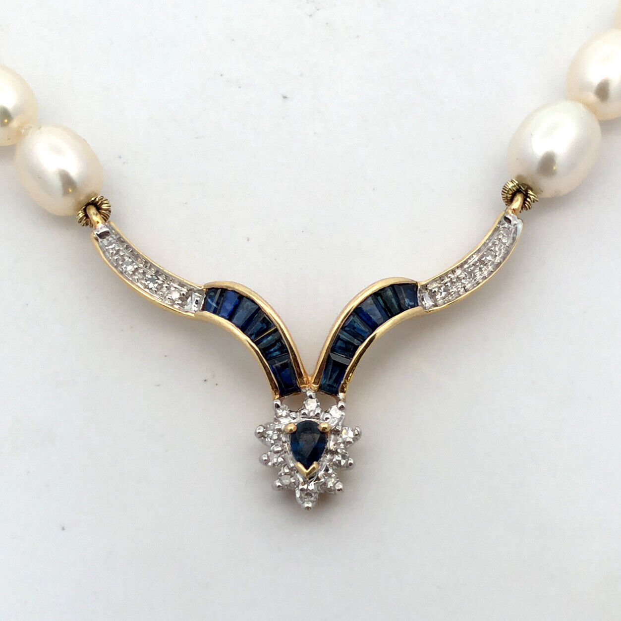 14K Yellow Gold Pearl Diamond Blue Sapphire Accented V Necklace