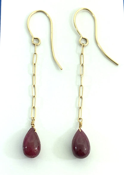 Modernist 14K Yellow Gold Ruby Teardrop Paper Clip Chain Dangle Earrings