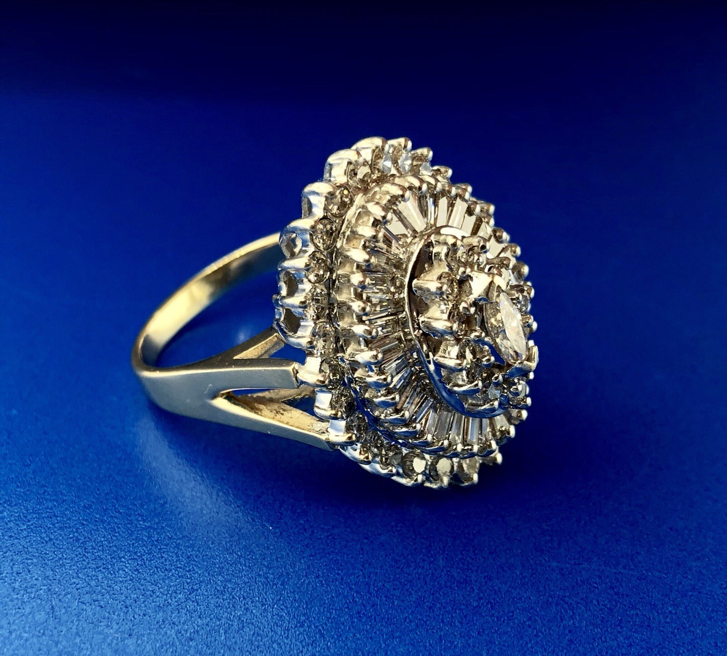 14K Yellow White Gold Diamond Halo Cluster 4 Tier Statement Cocktail Ring