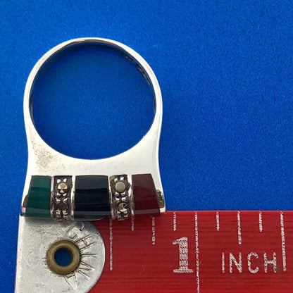 Retro Designer ND 925 Sterling Silver Green Black Onyx Carnelian Marcasite Ring