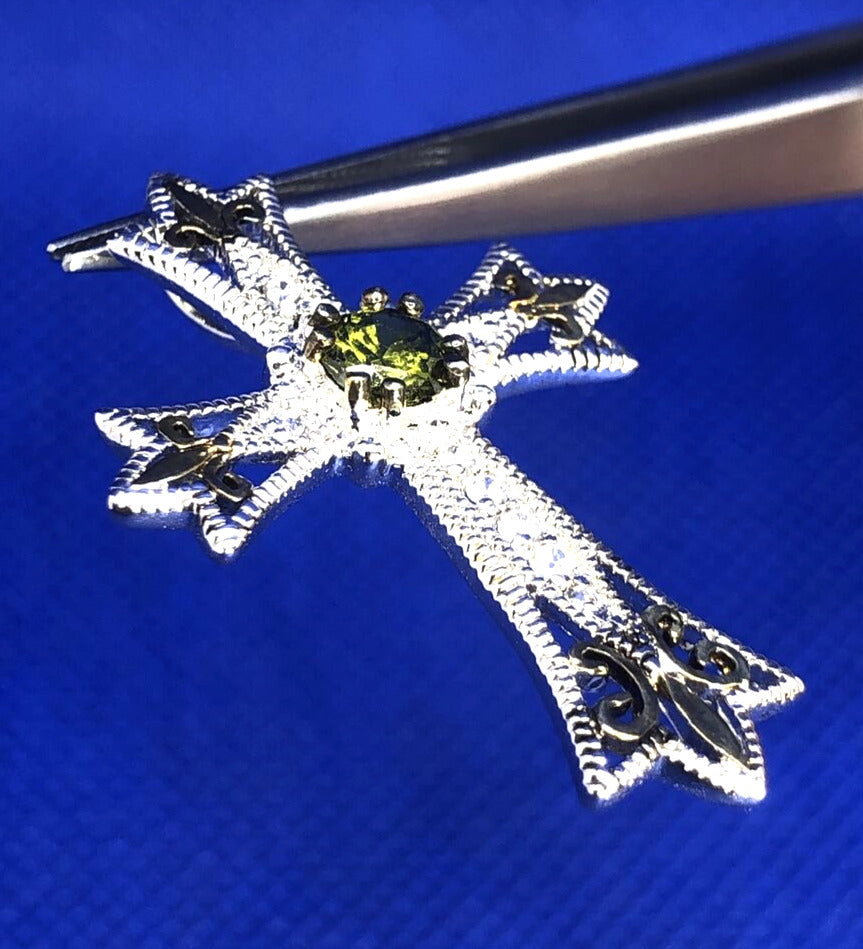 Designer DBI Green White Cubic Zirconia Sterling Silver Cross Statement Pendant