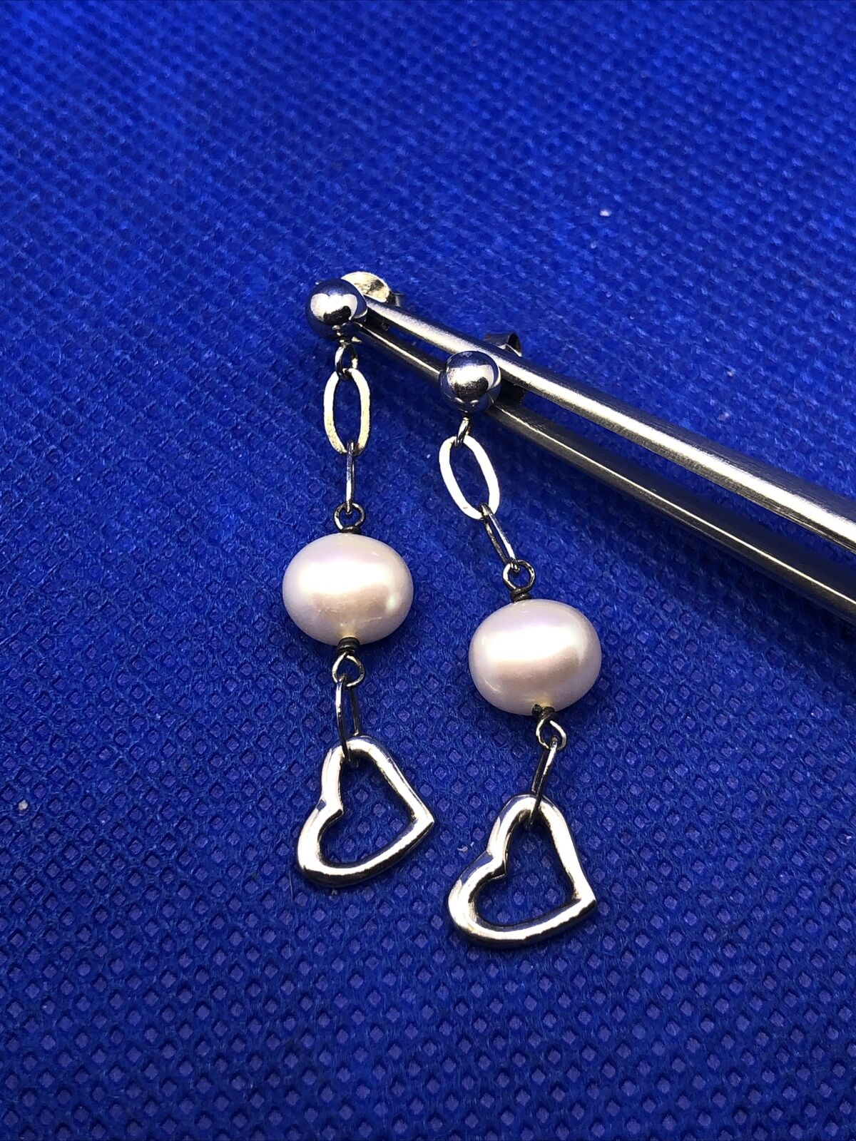Pearl 925 Sterling Silver Heart Valentines Chain Dangle Stud Earrings