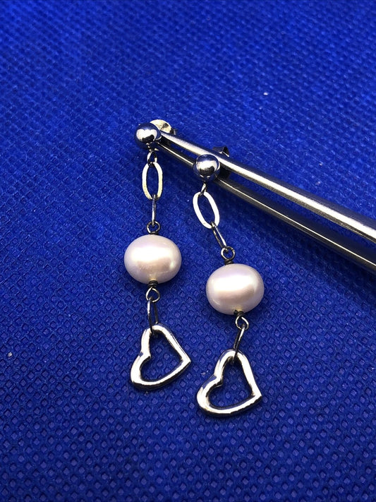 Pearl 925 Sterling Silver Heart Valentines Chain Dangle Stud Earrings
