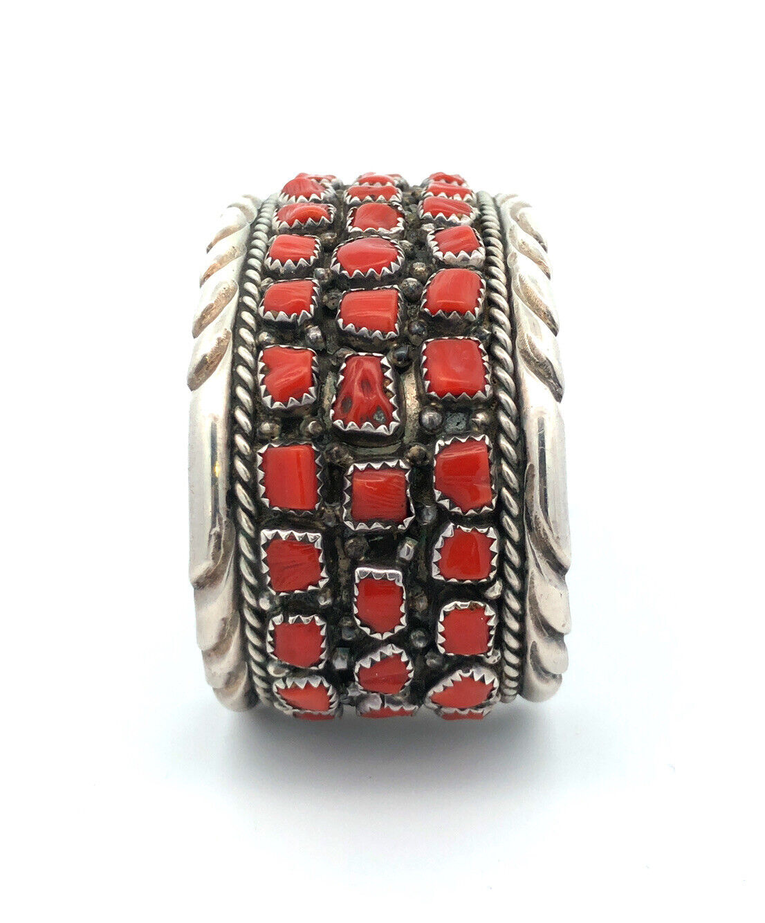 Melvin Chee Navajo 925 Sterling Silver Red Coral Statement Open Cuff Bracelet